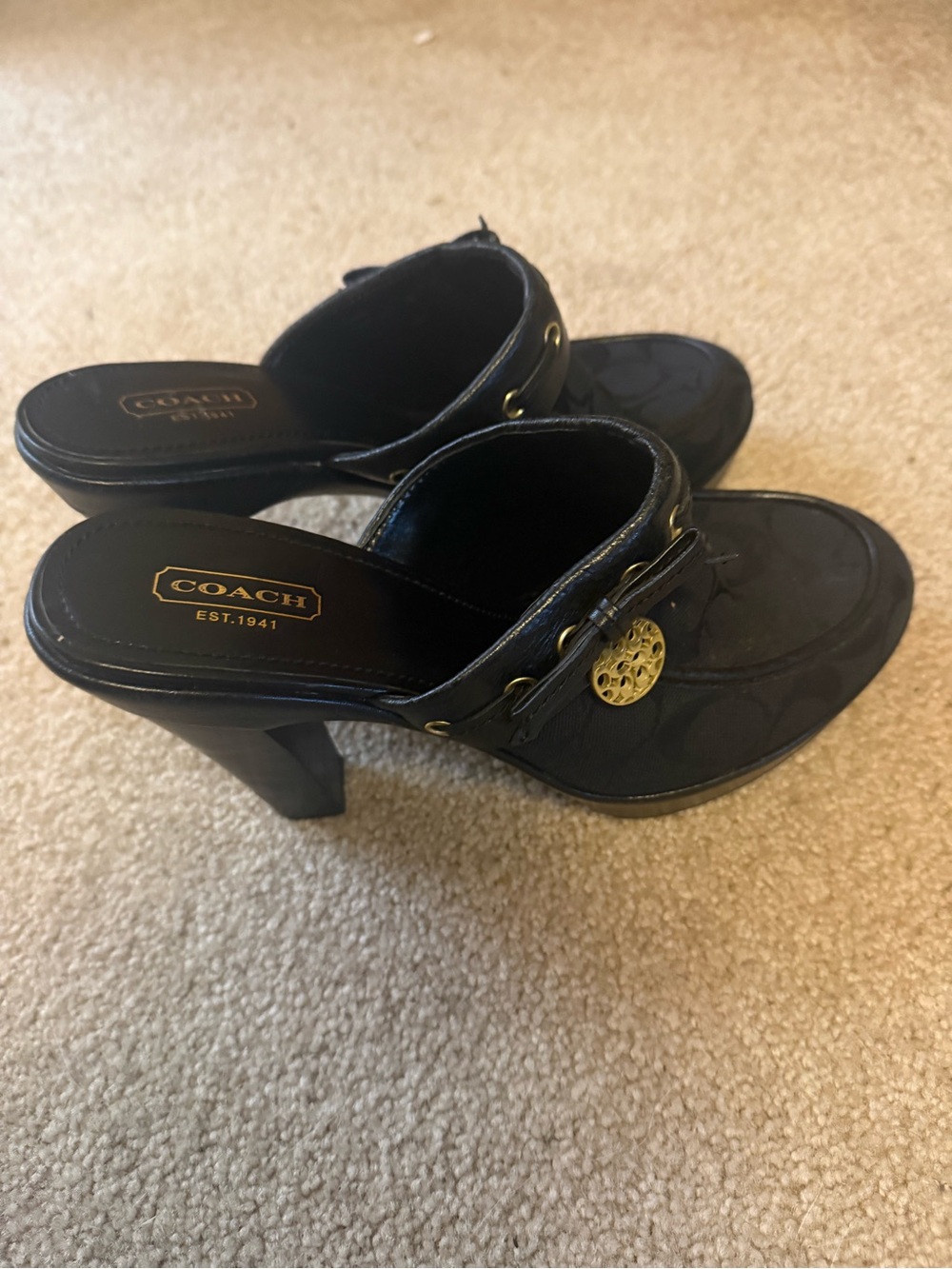 COACH Black Leather Logo Heeled Mules